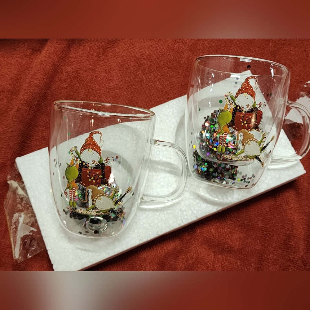 NWT NIB Gute Set of 2 Holiday Double Wall Glass Mugs Gnome Glitter